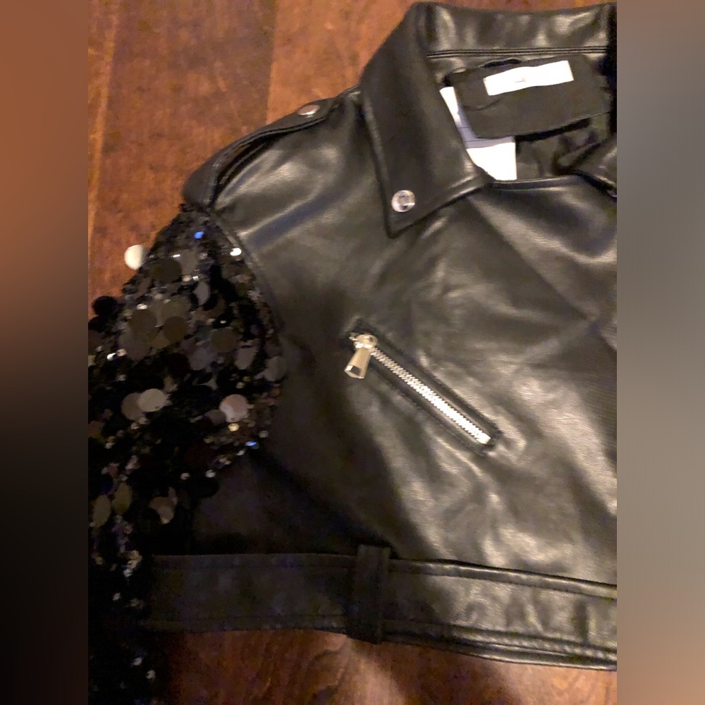 Faux Black Leather Jacket with Sequin Sleeves - Picture 2 of 5